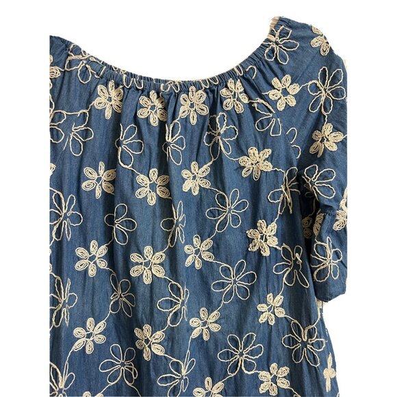 eci NY Embroider Denim Blue Jean Mini Dress Size 10 Round Neck Ruffled Cute - Picture 5 of 10